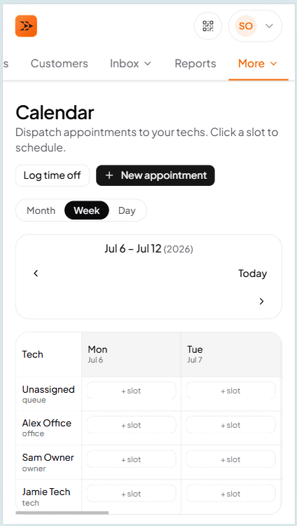 Advanced scheduling calendar showing tech availability windows, closed dates, and conflict warnings across the week