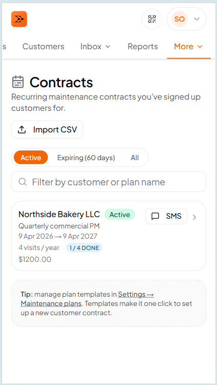 Maintenance plan (AMC) contracts view with active customers and upcoming visits for the shop
