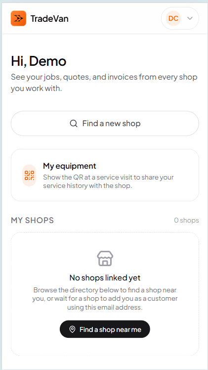 Customer portal dashboard showing upcoming appointments, equipment records, and account activity