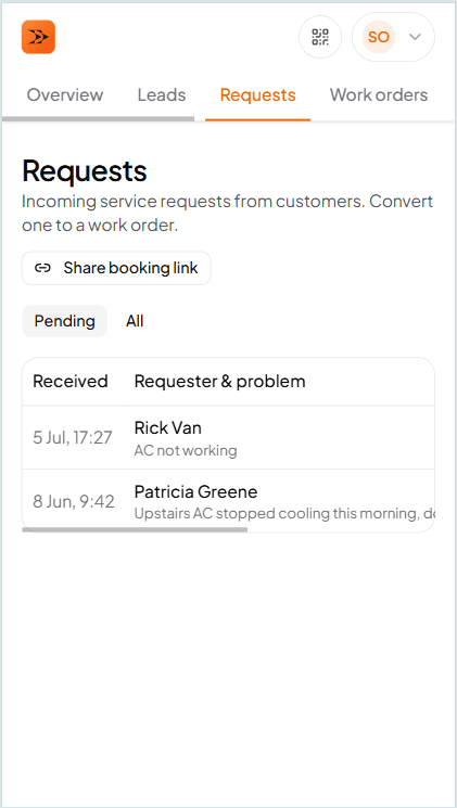 Customer service requests inbox showing incoming self-booked appointments awaiting office confirmation
