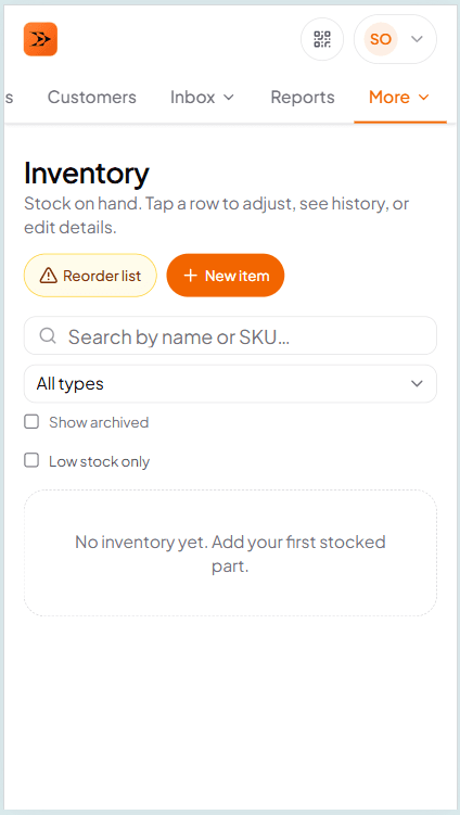 Inventory feature showing parts on hand, low-stock alerts, and vendor grouping — an optional feature dealers turn on when they need it