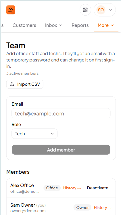 Team management screen showing owner, office, and technician roles across a 5-person shop