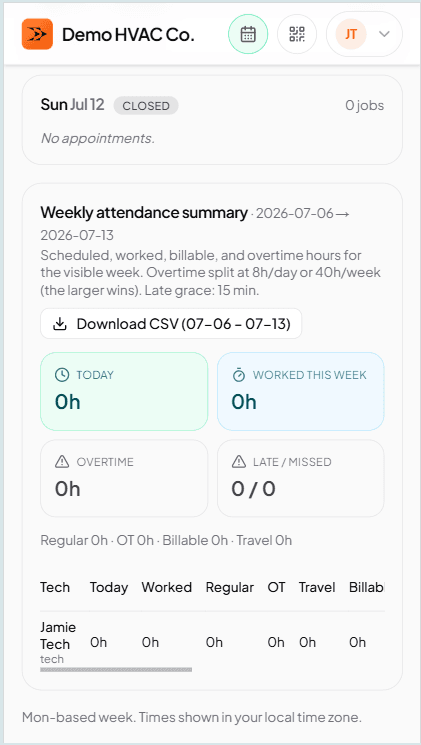 Technician tapping into a specific job from the calendar — customer, address, checklist, and one-tap status transitions