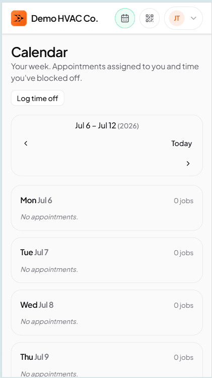 Technician calendar view on mobile showing today's assigned jobs sorted by scheduled time