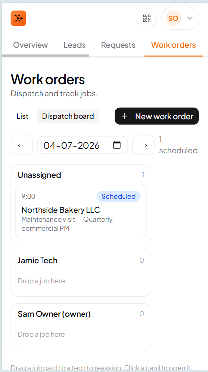TradeVan dispatch board — techs across the day with drag-and-drop scheduled jobs in colored blocks