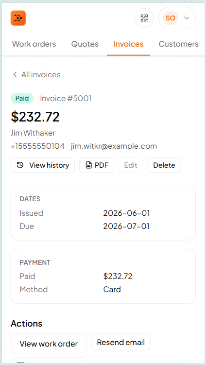 Invoice detail page with itemised line items, tax, discount, and status showing on the office view