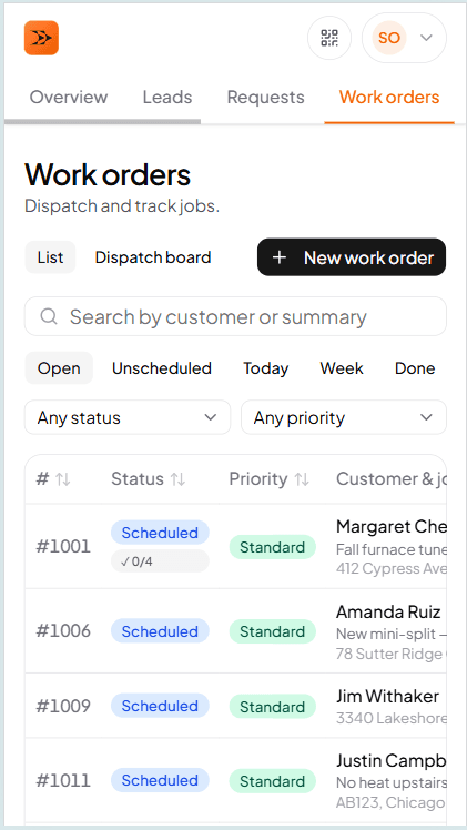TradeVan office view showing the work order list with status chips, tech assignments, and totals