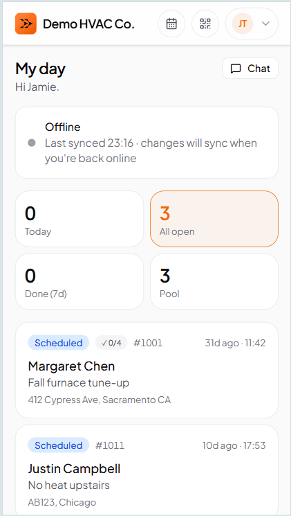 Technician's work order screen with an 'offline — will sync' badge visible while the tech captures photos and status transitions