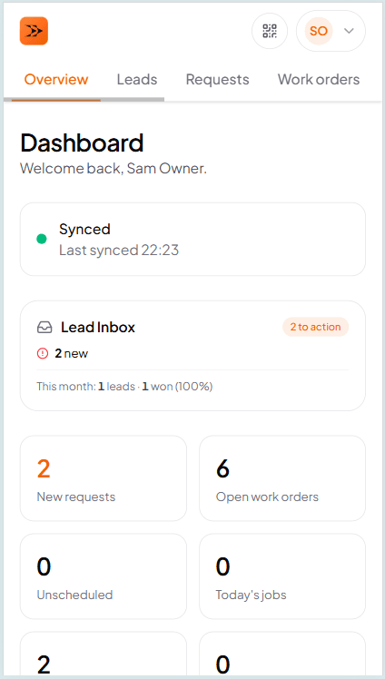 Owner dashboard summarising open work orders, revenue this month, and outstanding invoices