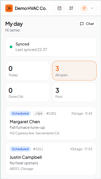 Solo contractor's day view on mobile — today's jobs sorted by scheduled time, one tap to open each