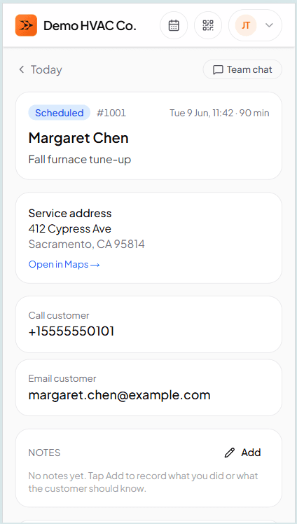 Technician mobile work order screen with checklist, photos, and line items — every action works without a network