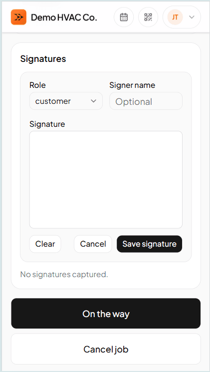Customer signing the on-screen signature pad on the tech's phone — captured locally, syncs when signal returns